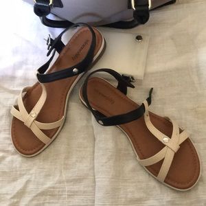 Black and cream buckle sandals